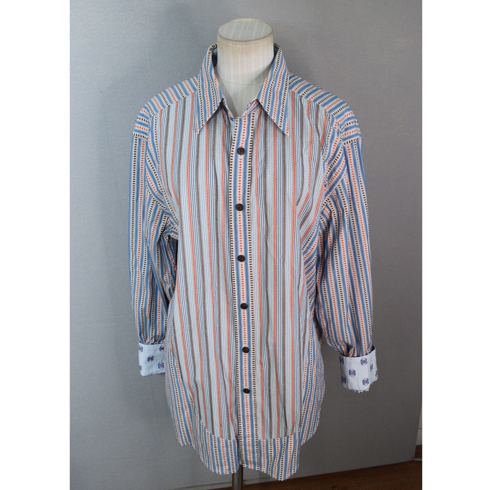 Robert Graham Shirt Large Flip Cuff Striped Blue Orange Patchwork